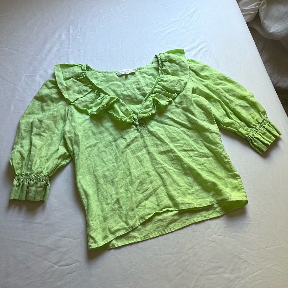 KRISTINIT green linen ruffle‎ collar puff short sleeve blouse top